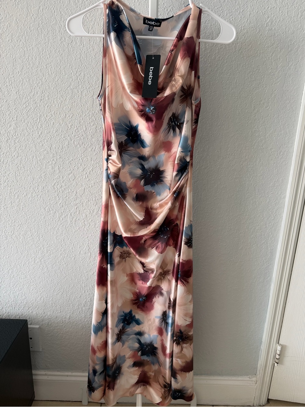 bebe Floral Satin Cowl Neck Dress - Blush, Rose, Navy
